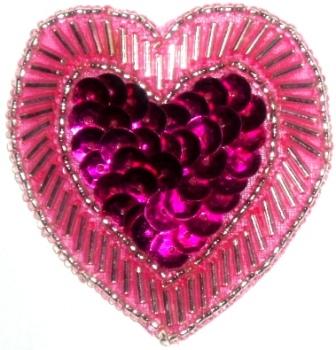 LC353  Fuchsia Heart Sequin Beaded Applique  2.25"