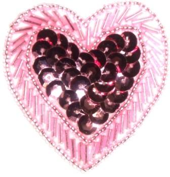 LC353  Mauve Heart Sequin Beaded Applique  2.25"
