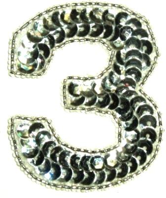 LC531 Silver Number ( 3 ) Sequin Beaded Applique 2.25"