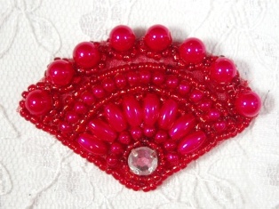MA161 Red Fan Beaded Rhinestone Hair Bow / Brooch / Applique 2.25"