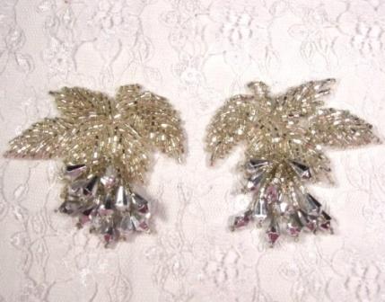 MA192  Silver Leaf Beaded Dangle Mirror Pair Appliques 2.5"