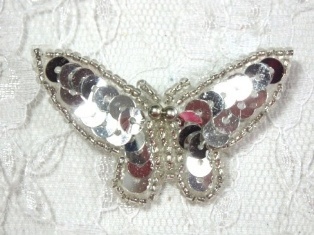 MA216 Silver Sequin Beaded Butterfly Brooch / Hair Bow /  Applique 1.75"