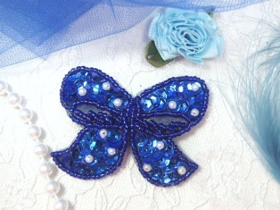 MA250 Blue Beaded Sequin Bow Brooch / Hair Bow / Applique 2"
