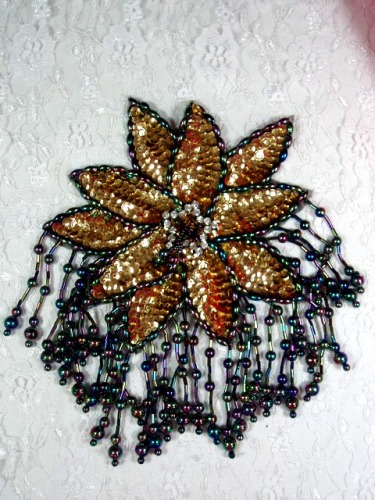MA257 Black AB & Gold Floral Sequin Beaded Dangle Epaulet Applique 8"