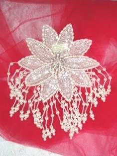 MA257 Crystal & Pearl Floral Sequin Beaded Dangle Epaulet Applique 8"