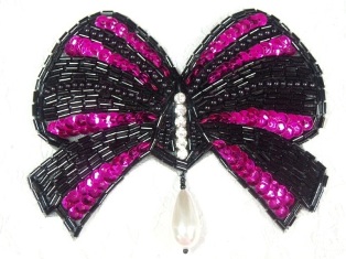 MA337 Fuchsia & Black Bow Sequin Beaded Dangle Hair Bow / Brooch / Applique 4.5"