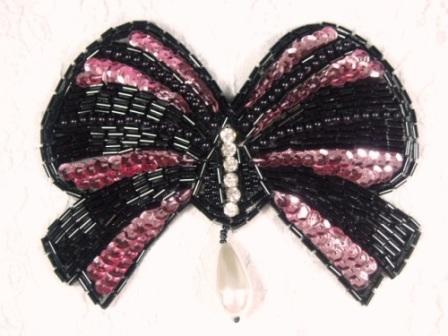 MA337 Mauve & Black Bow Sequin Beaded Dangle Hair Bow / Brooch / Applique 4.5"
