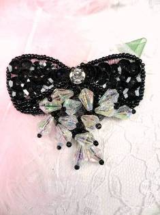 MA361 Black Bow Dangle Beaded  Sequin Applique 2.5"
