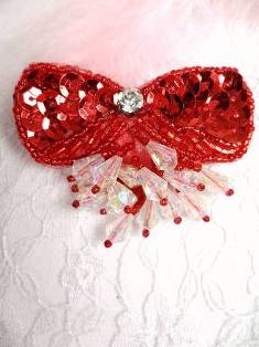 MA361 Red Bow Dangle Beaded  Sequin Applique 2.5"