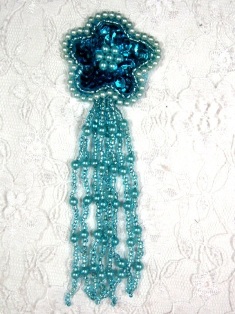 MA42 Turquoise Sequin Beaded Dangle Hair Bow / Brooch / Earrings / Applique 4.25"