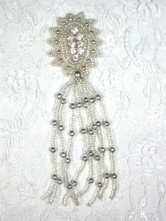 MA85 Silver Rhinestone Beaded Dangle Applique 5.5"