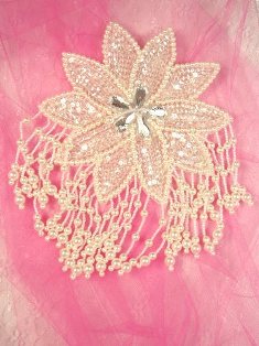 MA95 Crystal White Floral Sequin Beaded Dangle Epaulet Applique 8"
