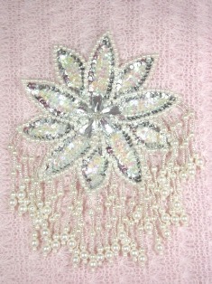 MA95 Crystal AB Silver Floral Sequin Beaded Dangle Epaulet Applique 8"