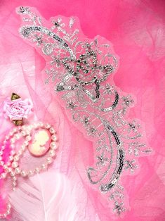 MS9 Silver Metallic Venise Lace Beaded Sequin Applique 8"
