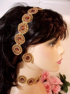 SB0379  Bronze Jewel Gold Beaded Rhinestone Headband
