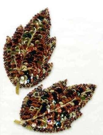 E1022- Lg  Autumn Leaves Beaded Sequin Appliques Mirror Pair