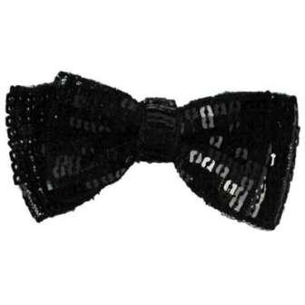 E5993 Black Sequin Double Bow Tie Applique Pin 3.5"