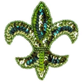 E6020  Green Lime Fleur De Leis Sequin Beaded Applique 3.5"