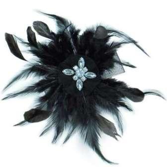 E6045  Black Feather Clip Brooch Rhinestone Applique 7"