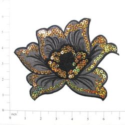 E6338  Black Gold Rose Embroidered Sequin Applique 6.5"