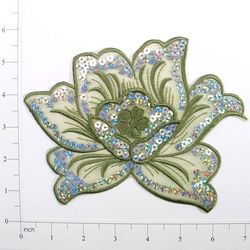 E6338  Olive Green Rose Embroidered Sequin Applique 6.5"