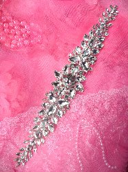 STS147 Bridal Sash Silver Beaded Glass Rhinestone Applique 17"
