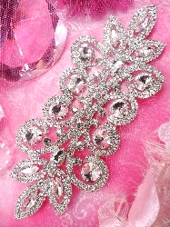 TS139 Bridal Sash Silver Beaded Rhinestone Applique Embellishment  7.25"