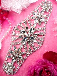 TS136 Silver Crystal Rhinestone Applique Embellishment  8"