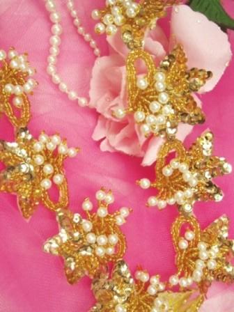 T8634  Gold Pearl Flower Sequin Beaded Applique or Trim