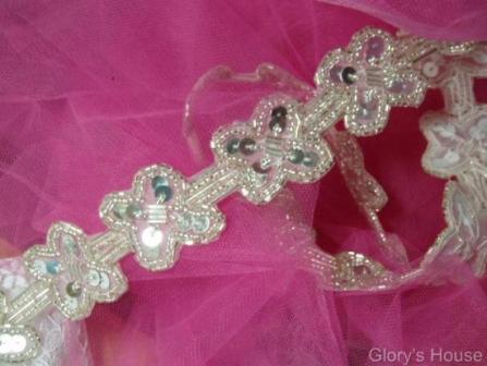 T8918 SIlver X Sequin Beaded Applique or Trim 1.5"