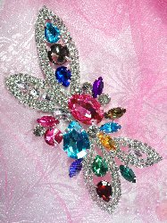 TS1 Silver Multi Color Rhinestone Applique Embellishment  5.75"