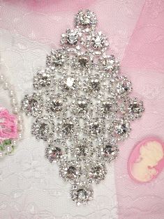 TS15 Silver Crystal Clear Diamond Rhinestone Applique Embellishment 4.5"