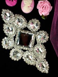 TS29 Silver Crystal Clear Rhinestone Applique Embellishment 5"