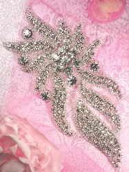 TS62 Tabitha  Silver Beaded Crystal Rhinestone Applique 8"