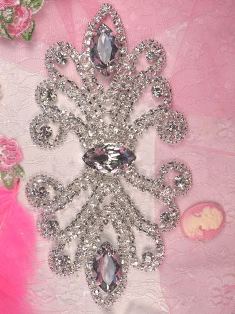 TS9 Silver Crystal Clear Diamond Rhinestone Applique Embellishment 7"