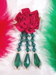VD1  Red Green Floral Dangle Beaded Applique 3"