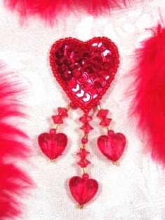 VD12  Red Heart Dangle Beaded Applique 2.75"
