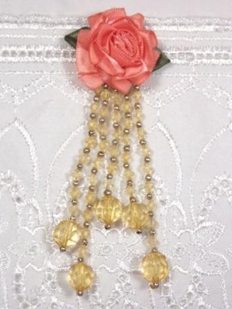 VD21  Peach/Gold Floral Dangle Beaded Applique 4"