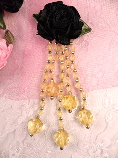 VD21 Black/Gold Floral Dangle Beaded Applique 3.75"