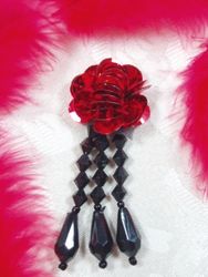 VD11  Red  Black Floral Dangle Beaded Applique 3"