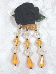 VD7  Black  W/ Gold Floral Dangle Beaded Applique 3"