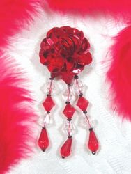 VD8  Red Floral Sequin Dangle Beaded Applique 3"