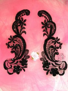 W13  Black Venise Lace Mirror Pair Beaded Sequin Appliques 8"