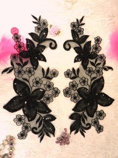 W16  Black Venise Lace Mirror Pair Beaded Sequin Appliques 12"