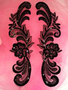 W20  Black Venise Lace Mirror Pair Beaded Sequin Appliques 9"