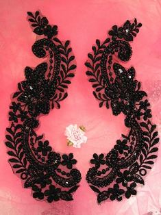 W24  Black Venise Lace Mirror Pair Beaded Sequin Appliques 8"