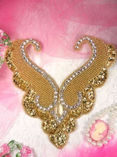 W31 Crystal Gold Beaded Rhinestone Applique 6.5"