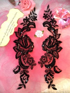 E240  Black Venise Lace Mirror Pair Beaded Sequin Appliques 9"
