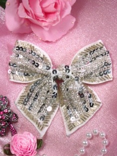 X0001  Silver  Bow Beaded Sequin Applique / Brooch 3.75"