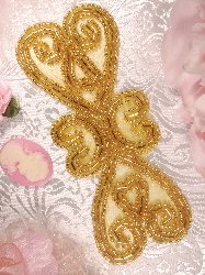 XR103 Gold Double Heart Beaded Applique 5"